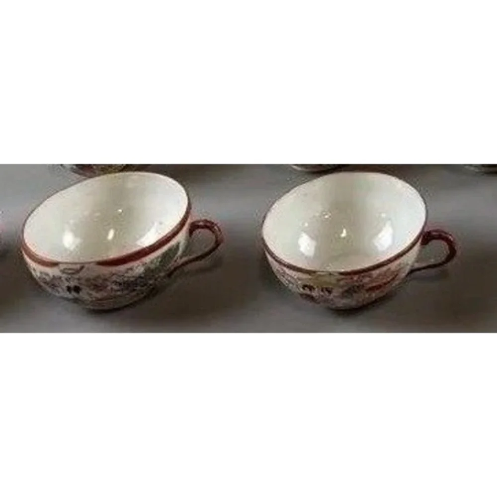 Vintage Japanese Geisha Hand Painted Porcelain Teacup Set of 2 Kutani Style
